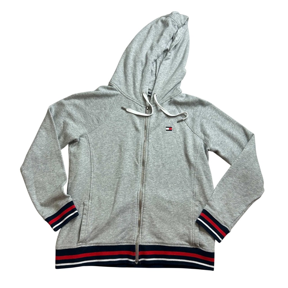 Tommy Hilfiger Sport Womens XL Gray Full Zip Hoodie Striped Trim Flag Logo